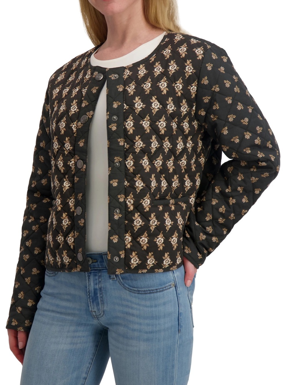 Lucky Brand Black Quilted Floral Button Jacket